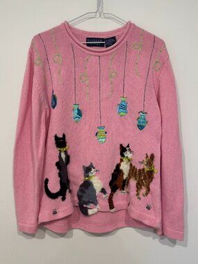 Vintage Knit Cat Kittens & Fish Sweater Pink Size S Ramie Cotton Grandma Cute
